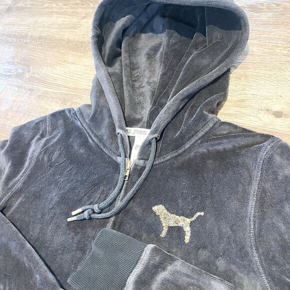 Victoria’s Secret Pink Hoodie Medium Black Gold Sequin Bling Vintage Full Zip - Picture 3 of 16